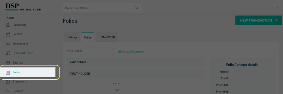 DSP Mutual Fund dashboard with Folios section highlighted in the sidebar menu