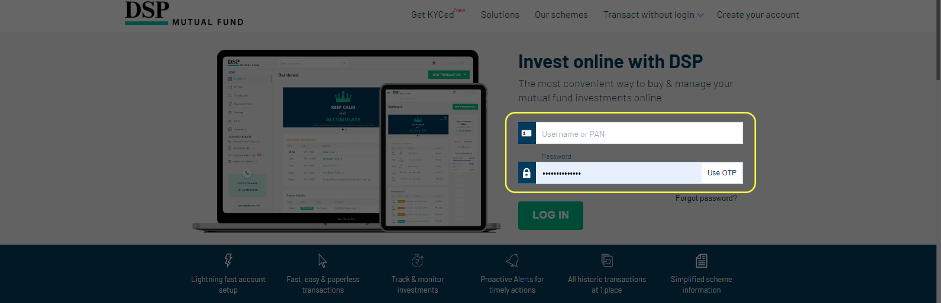 DSP Mutual Fund login screen with fields for username/PAN and password.