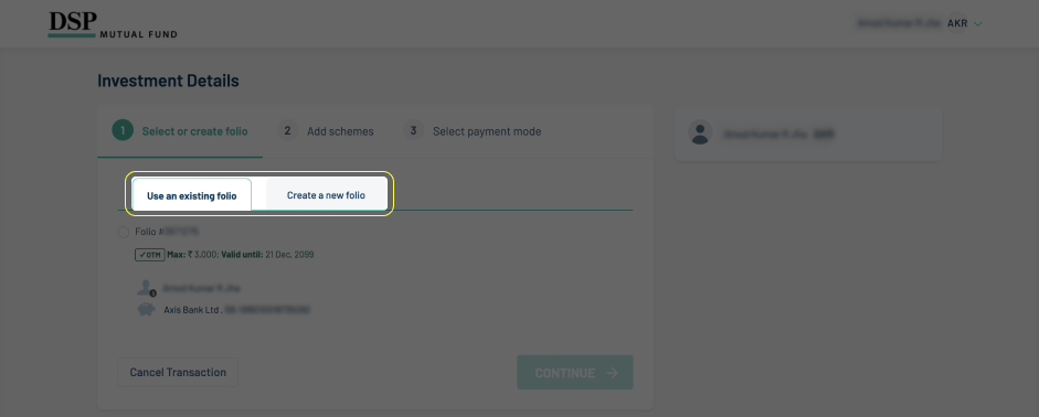 DSP Mutual Fund investment screen with option to use existing folio or create a new one
