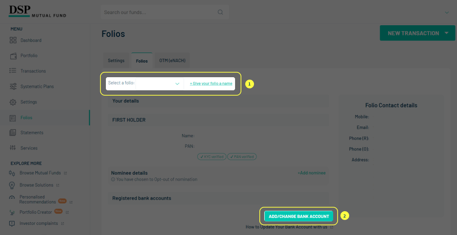 DSP Mutual Fund folio screen with dropdown to select folio and button to add or change bank account